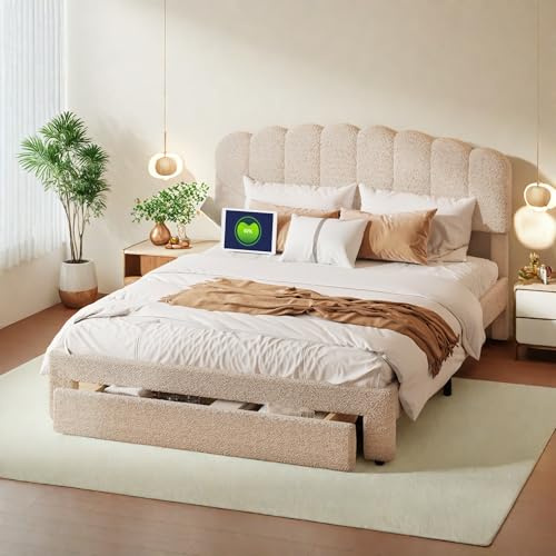 KEFSR Teddy sammet stoppad sängram med förvaringslådor och justerbar sänggavel, trälamellplattformar säng, ingen lådfjäder behövs (beige 160 x 200)