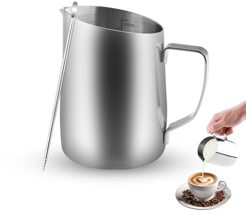 Zosenyer Milchkännchen 450ml Milk Pitcher Edelstahl mit Messmarken und Latte Art Pen Ideal für Cappuccino Latte und Espresso Spülmaschinenfest Silber Milchschaumkännchen