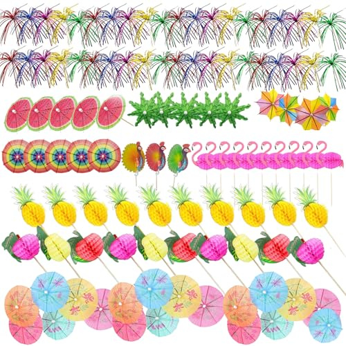 130 PCS Cocktail Accessories, Cocktail Umbrellas for Drinks, Tiki Bar Accessories for Hawaiian Party Decorations, Tropical Party Decor, Garden Party, Valentine's Day, Independence Day