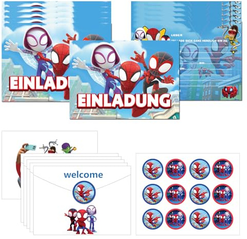 Gugatad 12x Spide Einladungskarten mit 12 Umschlag,12 Runder Aufkleber,Spid und Seine Supe-Freun Kindergeburtstags Party Einladungen,Deutsch Spidey Kindergeburtstags(D Party Einladungen