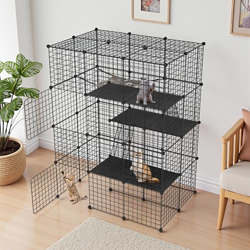 ORHEYA Gabbia per gatti a 4 livelli, per esterni e interni, in metallo, fai da te con amaca rimovibile, 2 scale e 2 porte, box per gatti, cincillà, conigli