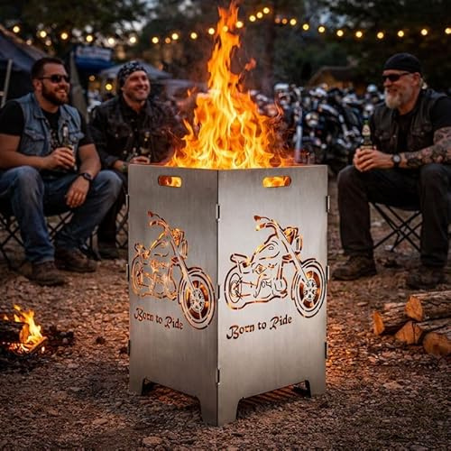 TiKo-Design® Feuerkorb Feuertonne aus 3 mm Stahl mit Chopper-Motiv – doppelt lasergeschnitten, massiv & mobil, ideal für Biker, Camping, Outdoor & Garten, zerlegbar