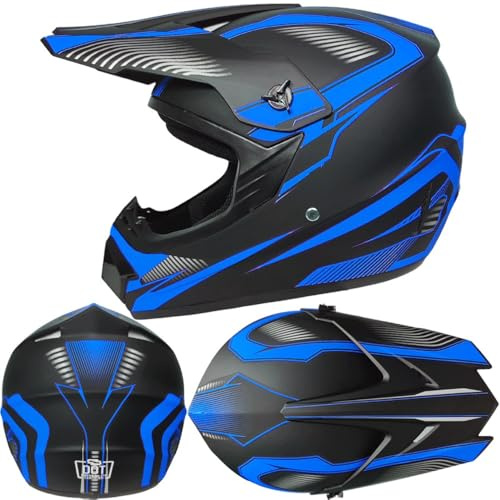 Casco da Motocross Per Bambini, Fuoristrada, Strada, Cross, Casco Integrale Mtb con Occhiali, Maschera E Guanti, ATV, BMX, MX, Downhill, Quad, Fuoristrada(Dark blue track,L(56-57cm))