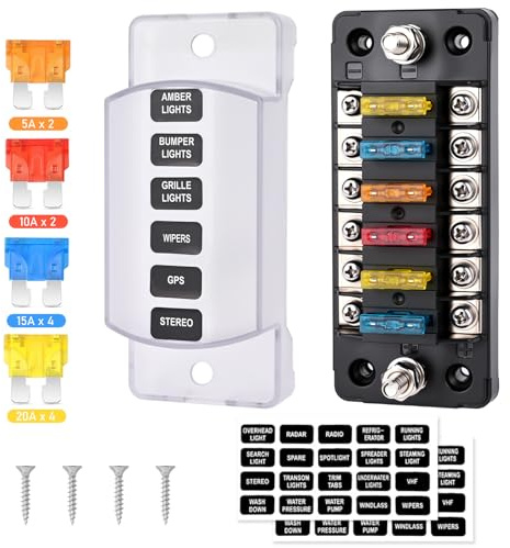 Gerbala Portafusibili 12V, Portafusibili a 6 Vie ATC/ATO, Scatola Porta Fusibili Lama con 12 Fusibili a Lama, Copertura Antipolvere, Scatola Fusibili per DC 12V/24V Auto Barca Camion Camper