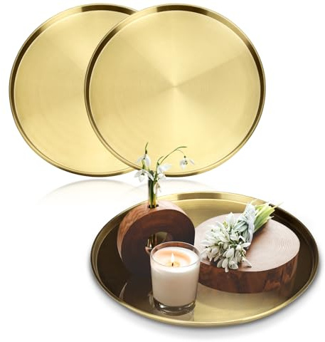 Roucerlin 3 Pieces Round Gold Decorative Serving Tray, 12 Stainless Steel Vanity Trays for Bathroom, Metal Perfume Candle Plate Jewelry Makeup Organizer Dishes for Desk Dresser Coffee Table Gift