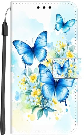 Xkladz Coque pour Samsung Galaxy A17 4G / 5G Protection Pochette Housse Motif PU Étui en Cuir Portefeuille Flip Case Magnétique Etui à Rabat Antichoc Fente Carte Support Cover, Bleu Papillon