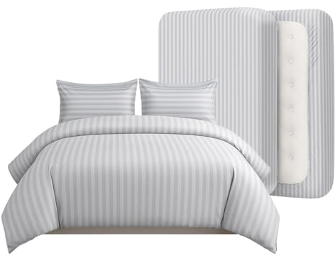 Casabella Duvet Cover Sets - 4 Pc Luxury Double Duvet Brushed Microfiber Duvet Full Set - Duvet Cover, Fitted Sheet & Pillowcase 2 Pack - Soft & Durable Double Duvet Set - Stripe White Bedding