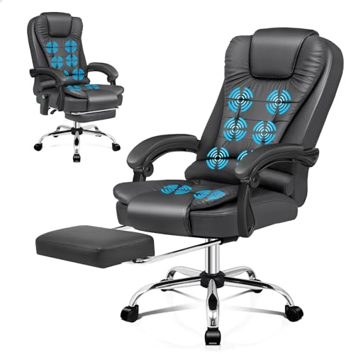 ALFORDSON Chefsessel Bürostuhl Massage Wärmefunktion, Ergonomisch Schreibtischstuhl Neigungswinkel 90°-150°, Drehstuhl Einziehbare Fußstütze,Besprechungsstuhl höhenverstellbarer, PU-Leder Grau