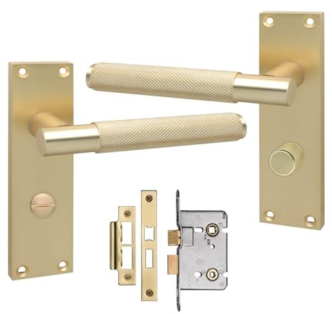 Golden Grace Knurled Bathroom Door Handle Set, Satin Brushed Brass
