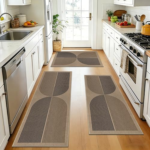 Capslpad Kitchen Rugs Sets of 3 Non Slip Jute Look Kitchen Mat Set Washable Boho Kitchen Rugs and Mats Black Brown Kitchen Runner Rug Floor Carpet for Laundry, Hallway, (50x80cm+50x120cm+50x150cm)