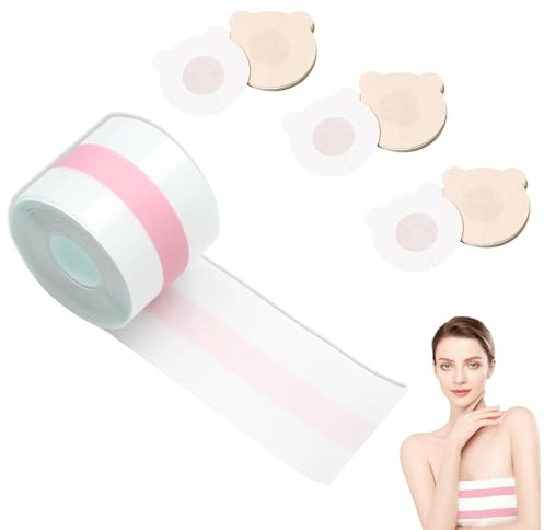 Eniyou Boob Tape Cinta Adhesiva Pecho Sujetador 5 cm X 5 m Tiras Adhesivas para Sujetar el Pecho Booby Tape Pegatinas Sujetador con 30 Pieza Pegatinas de Leche para Copas A - E