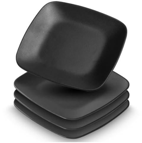 Umllpet Servierteller aus Steingut, 4 Stück Schwarze Dessertteller, Vorspeisen Teller Rechteckig Schwarz Matt, Spülmaschinengeeignetes Teller-Set, Eckig Dessertteller für Fleisch Sushi Snacks Salate