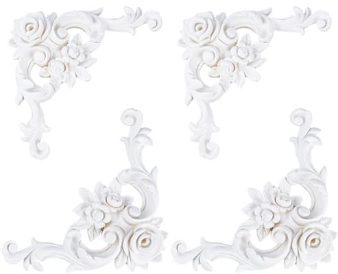 SUPERFINDINGS 4 Stück Stuckverzierung 10.5x17.1cm Europäisches Eckapplikationen 3D Rose Wandpaneele Vorgrundiert Überstreichbar Leichte Dekorative Stuckleisten Deckenleisten Für Wände Decke Schränke