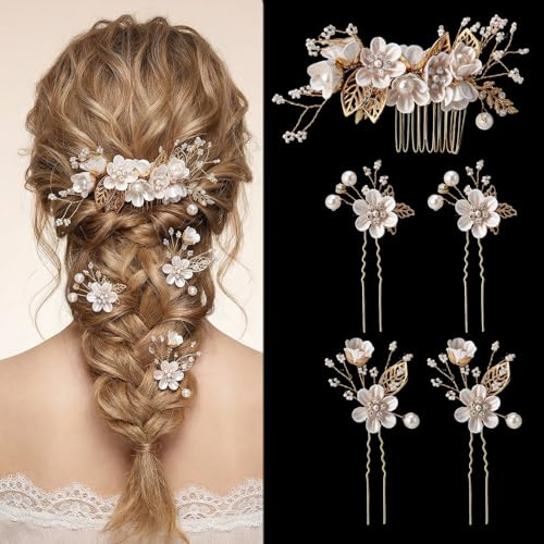 5 Pcs Bridal Hair Accessories Wedding Hair Clips with Pearl Decorations Hair Accessories for Women Elegant Bridal Hairpins White Flower Gold Leaf Pearls Clips for Brides Bridesmaids Women Updo