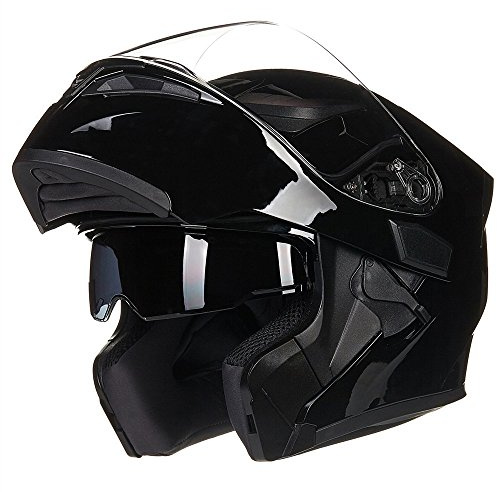 ILM Motorcycle Dual Visor Flip up Modular Full Face Helmet DOT with 6 Colors Model 902 (L, Gloss Black)