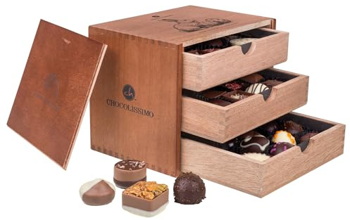 CHOCOLISSIMO - Regalo de Pascua - 30 Bombones Finos Hechos a Mano en Una Elegante Caja de Madera - Lujosa Mezcla de Pralinés para Entendidos, Idea de Regalo para Mujeres, Hombres, Mamá, Papá