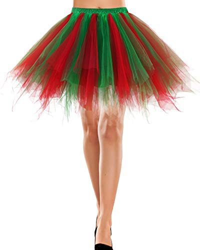 Bbonlinedress Rock Knielang Tüll Underskirt Petticoat rosa/weiß Dirndl Vintage 50s Petticoat Berlin Retro Tutu Tüllrock Crinoline Cosplay Red-Green XL
