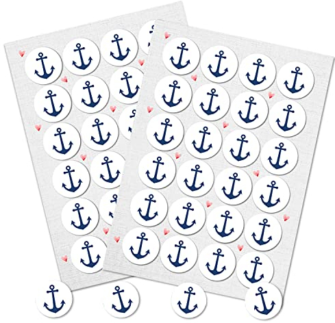 Autocollants déco marine, lot de 48: Stickers ronds ancre bateau bleu et blanc pour décoration thème marin, carte, fête, cadeau, scrapbooking, DIY, déco bord de mer, Ø 4 cm