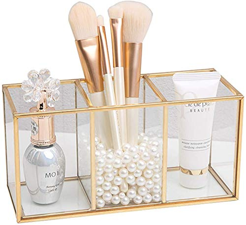 ZLYY Make up Organizer, Pinselhalter, Stifthalter, Glas und Messing Schreibtisch Organizer, Kosmetik Aufbewahrung für Pinsel, Eyeliner, Lippenstift Gold A