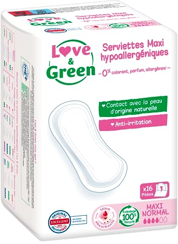 Love & Green Damenbinden mit Öko-Label-Zertifizierung, hypoallergen, Maxi Normal 1 Stück