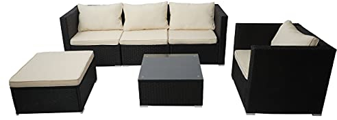Mendler Poly-Rattan-Garnitur Brescia, Gartengarnitur Sitzgruppe Sofa Lounge-Set - schwarz, Kissen Creme