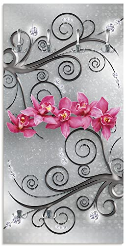 ARTLAND Wandgarderobe Garderobenpaneel Holz mit 6 Haken 60x120 cm Design Garderobe mit Motiv Orchideen Blumen Abstrakt Pink Grau U1QT