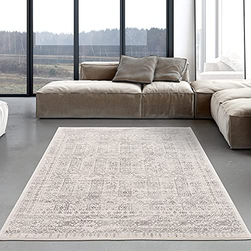 THE RUGS AREA RUG LIVING ROOM BEDROOM LARGE SMALL VINTAGE SOFT SHORT PILE BORDERED CLASSIC ORIENTAL DESIGN TRADITIONAL MOROCCAN BOHO CARPET - XLARGE 200X290 CM, CREAM VINTAGE DESIGN