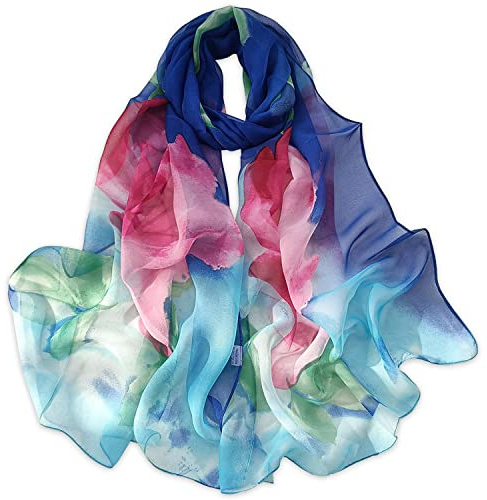 E-Clover Scarfs for Women Lightweight Floral Printed Scarves Fashion Rose Scarfs Shawl for Summer Fall Blue Flower