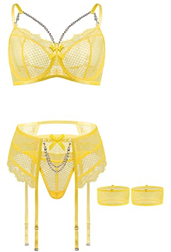 Aranmei Sexy Femme Ensemble Lingerie Jarretière avec Porte Jarretelles Dentelle Soutien-Gorge et Culotte Ensemble,Janue,L