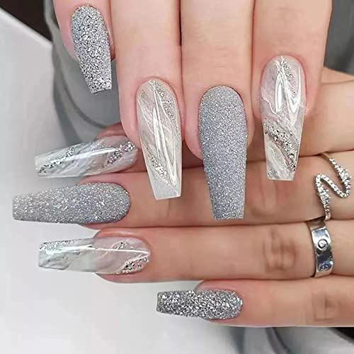 JUSTOTRY 24 Stück Coffin Nägel Zum Aufkleben Lang, Grey Glitter French Künstliche Nägel, Ballerina Marble Kunstnägel Press on Nails mit Nagelkleber, Fingernägel Fake Nails Medium für Frauen
