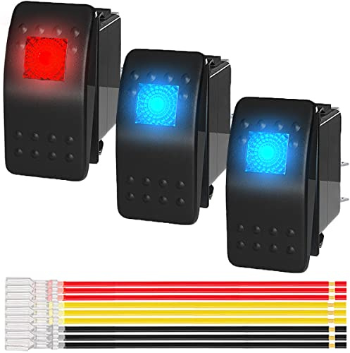 MKBKLLJY 3St. Marine Wippschalter 12V 24V Beleuchteter Wippschalter 12V 20A Blau/Rote LED 3Pin SPST ON/Off Wasserdicht für Boot Auto Auto mit 3 Sets Überbrückungsdrähte Set