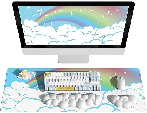 AJAZZ Cloud Tastatur Pad Handgelenkstützen Set (4-Teiliges Set),Großes Mauspad & Tastatur Maus Handgelenkauflage & Untersetzer,Ergonomisch,Schmerzlindernd,Rutschfeste Unterseite,für Home/Büro/PC/Mac