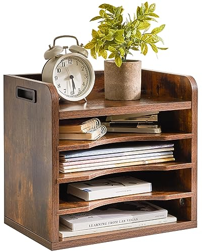 YMYNY Schreibtisch Organizer aus Holz, Dokumentenablage, A4, Aktenmagazinhalter Bücher, Sammler, mit 5 Fächer, 3 verstellbaren Ordnerregale, für School, Büro Rustic Brown HBC006H