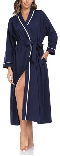 COLORFULLEAF 100% Baumwolle Bademantel Damen Leicht Lange Sauna Morgenmantel Langarm Weiche Kimono mit Taschen Frauen Nachtwäsche(Navy Blau,M)