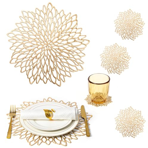 Gold Placemats Set of 6 Gold Charger Plates Place Mats Table Mats & 6 Pcs Coasters Holiday Washable Round Vinyl Placemats Christmas Thanksgiving Kitchen Farmhouse Wedding Dining Table Decor Setting