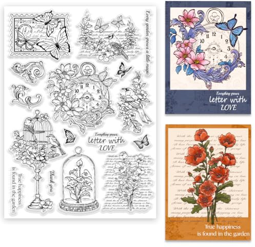 ORIGACH Mystischer Garten Große klare Stempel für Kartenherstellung Vintage Blumen und Vögel Transparente Silikonstempel für Junk Journal DIY Scrapbooking und Album Dekorative