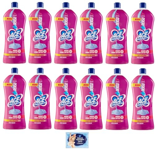 12x Ace Candeggina Più +Denso Armonie Floreali - igienizza superfici e bucato in profondità - Bottiglia Squeeze 1Lt + 1 Confezione di Talco Felce Azzurra in omaggio, Busta da 100g