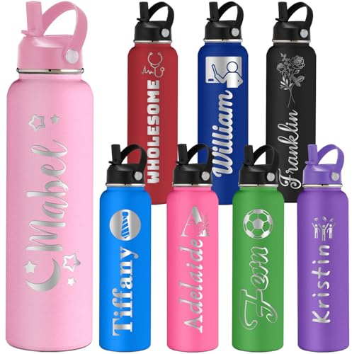 Bouteilles d'Eau Personnalisées avec Design de Noms 350/500/700/950 ml 1L avec Poignée et Paille Bouteille Isotherme Acier Inoxydable Personnalisable avec Texte pour Sports Voyages Bureau