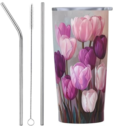 Vaso de 20 onzas con tapa y popote, ramo de tulipanes morados y rosados, vaso aislado de acero inoxidable, vaso de café personalizado, taza de viaje, botella de agua