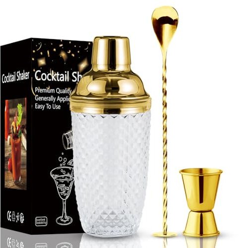 Set da cocktail shaker, da cocktail da 400 ml, set regalo per cocktail e cocktail, in vetro trasparente, con coperchio in acciaio inox e colino e cucchiaio da bar