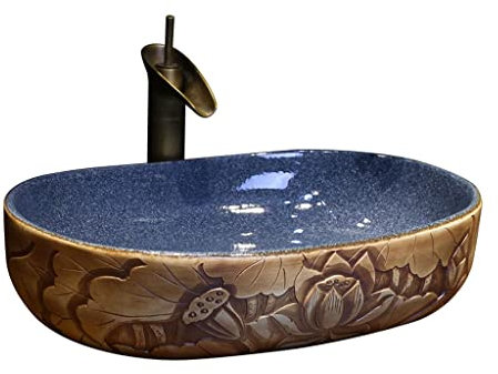 CCYENG Lavabo bajo encimera Lavabo de baño Lavabo de encimera con diseño artístico de Loto Lavabo de cerámica Ovalado Lavabo de tocador con Grifo Lavabo de baño