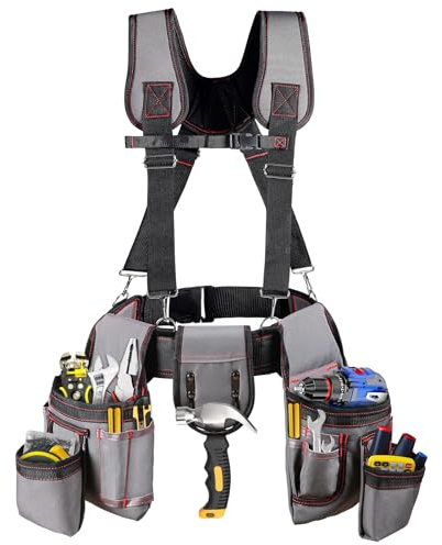 Tool Belt with Suspenders, Professional Tool Belt for Men, 18-Pocket Adjustable Heavy Duty Tool Organizer for Electrician, Carpenter, Framer, Construction Worker, Gray & Orange (32''–66'')