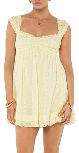 Felcia Women Summer Y2K Mini Dress Square Neck Lace Trim Strap Swing Dress Floral Hollow Out Ruffle Hem Flowy Sundress