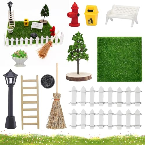 xlwens Miniatur Garten Zubehör,12 Stück,Mini Garten Möbel Deko Set,Miniatur Puppenhaus Zubehör Garten,Miniatur Garten Zubehör Set,Mit Rasen, Mülltonnen, Gullydeckeln, Blumenbeeten usw,für 1:12 Puppen