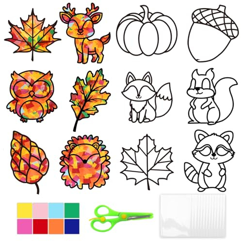 Herbst Basteln mit Kindern, Fensterbilder Herbst Kinder, Herbstdeko Fenster, Fensterdeko Herbst Bastelset Kinder ab 2 3 4 5 6 Jahre, Herbstblätter Tannenzapfen Igel Eicheln Eichhörnchen Kürbis Deko