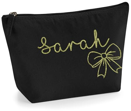 Personalisierter Name Initialen Textstil süßes Schleifen Design Make-up Accessoire Tasche Kosmetiktasche Damen Schminktasche mit Texturdruck - Gold Glitzer - L Schwarz