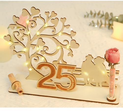 ARTREE Regalo de dinero para 25 años de matrimonio, decoración de madera de plata con árbol de corazón y LED, idea de regalo para el 25 aniversario de boda