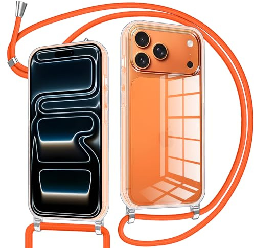Pnakqil Handyband für iPhone 17 Pro Max Hülle mit Band, Transparent Silikon Handyhülle mit Kordel Necklace Schnur Bumper Schutzhülle zum Umhängen Kordel Case für iPhone 17 Pro Max 6,9, Orange 01