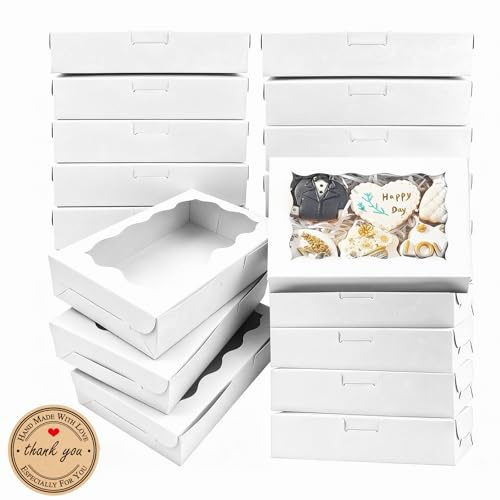 QingWing 20 Stück Kraftpapierboxen Mit Klarem Fenster, 18 x 11 x 4cm Kraftpapier Gebäckkarton, Geschenkbox Kraftpapier mit 21 Runden Aufklebern für Cookies Cupcakes Süßigkeiten Verpackung (Weiß)