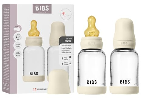 BIBS Baby Glass Bottle. 2-Pack 120 ml. Antikolik. Rund sugdel i naturgummilatex. Främjar naturlig amning, Complete Set - 120 ml (Pack of 2), Ivory